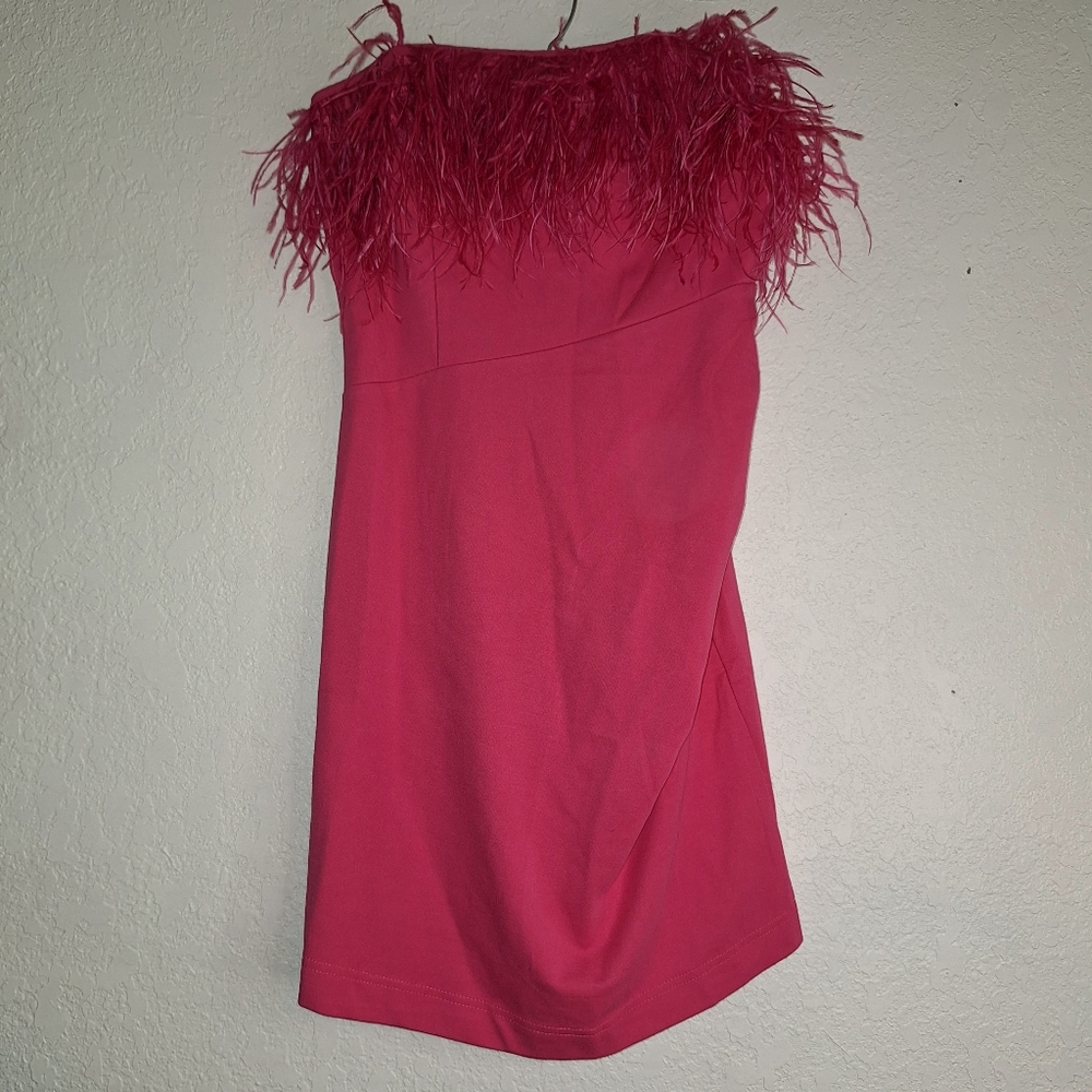 NWT Women’s Blue B Bodycon Feather Accent Mini Strapless Dress Pink Medium - Picture 3 of 11